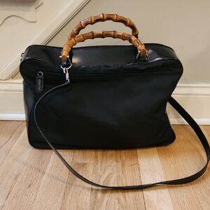 Gucci Black Canvas Bag with Patent Leather Sides And Bag Strap.